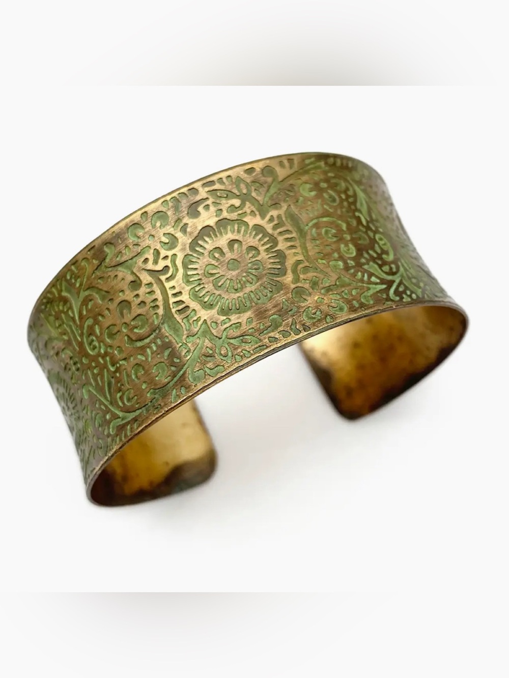 Vintage Green Patina Floral Brass Cuff Bracelet